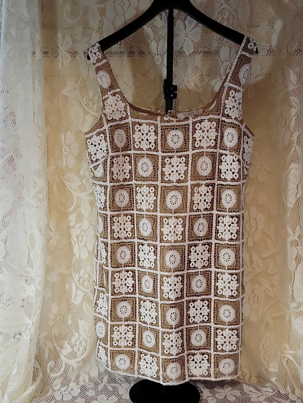 LOFT White Crochet Overlay Mini Dress with Tan Base